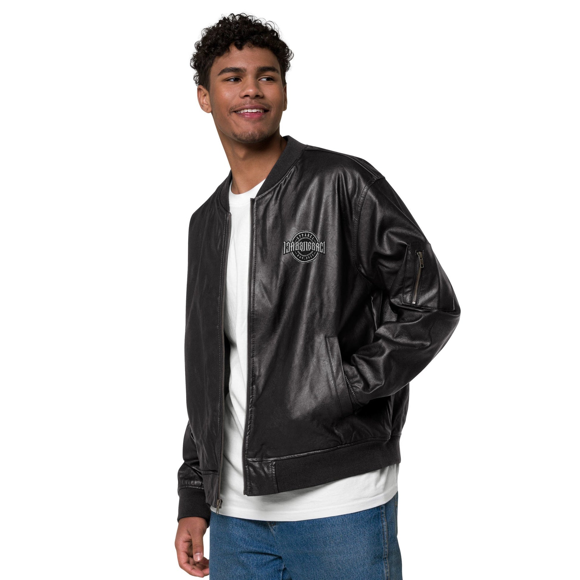 Embroidery Leather Bomber Jacket